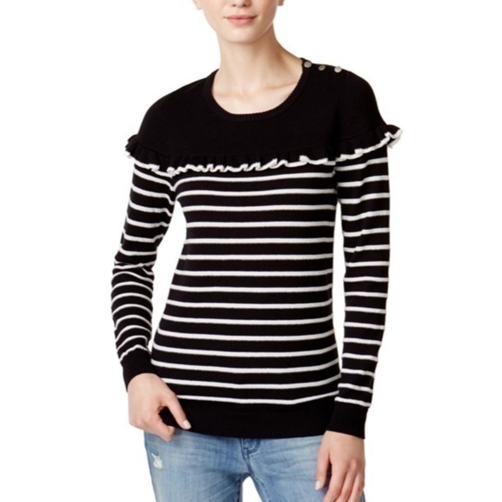 MAISON JULES WOMENS RUFFLED STRIPED KNIT SWEATER